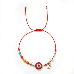 Красный Браслеты с латунными подвесками ко Дню матери, Браслеты из стеклянного бисера и плетеного из смолы бисера для женщин, злые глаза, красные, 11.02 дюйм (28 см)