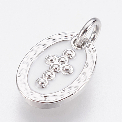 Platinum Brass Enamel Charms, Lead Free & Cadmium Free, Oval with Cross, Platinum, 12x9x2mm, Hole: 2.8mm