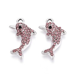 Розовый Подвески из сплава со стразами, дельфин, без кадмия, без никеля и без свинца, платина, светло-розовый, 21.5x13x4 мм, отверстие : 1.6 мм