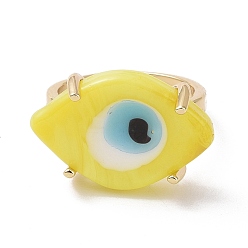 Yellow Lampwork Oval with Evil Eye Open Cuff Ring, Real 18K Gold Plated Brass Lucky Jewelry for Women, Lead Free & Cadmium Free, Yellow, US Size 6 1/4(16.7mm)