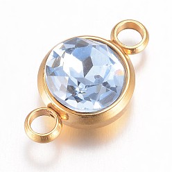 Свет Сапфира К 9 соединители стеклянные звенья, граненые, с 304 фурнитурой из нержавеющей стали, ионное покрытие (ip), плоско-круглые, золотые, света сапфир, 17.5x10x6.5 мм, отверстие : 2.5 мм