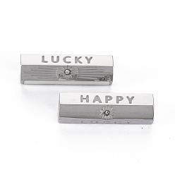 Нержавеющая Сталь Цвет 304 из нержавеющей стали бусы, с оболочкой и горный хрусталь, шестиугольная призма со словом lucky, цвет нержавеющей стали, 19.5x6.5x6 мм, отверстие : 1.5 мм
