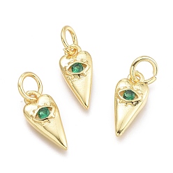 Средний Морско-зеленый Латунные микро проложить кубического циркония подвески, с целью перехода в кольце, Сердце с глаз, реальный 18 k позолоченный, средний морской зеленый, 12x5.5x2.3 мм, перемычки: 5x0.8 мм, внутренний диаметр: 3 мм