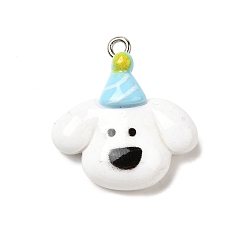 Белый Непрозрачные подвески смолы, собака, с платиновым тоном железная петля, белые, 25x24x7.5 мм, отверстие : 2 мм