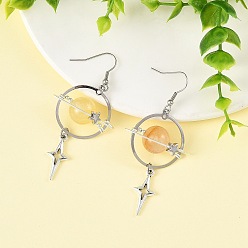 Yellow Hematoid Quartz Natural Yellow Hematoid Quartz & Alloy Pendant Dangle Earrings, Planet, 316 Surgical Stainless Steel Dangle Earrings for Women, 70x31.5mm