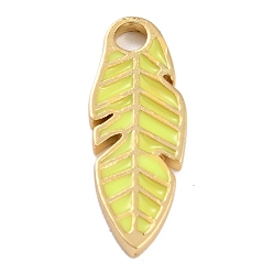Light Yellow Golden Plated Brass Enamel Pendants, Long-Lasting Plated, Feather, Light Yellow, 23.5x8.8x1.8mm, Hole: 2.7mm
