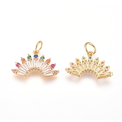Золотой Латунные подвески, с микропаве из кубического циркония и прыжковыми кольцами, вентилятор, красочный, золотые, 10x16.5x2.5 мм, отверстие : 3.2 мм