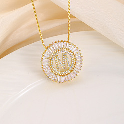 Letter M Кольцо из латуни с прозрачными кубическими цирконами и подвеской в виде буквы, цепочка-коробка, золотые, Буква М, 17.72 дюйм (45 см)