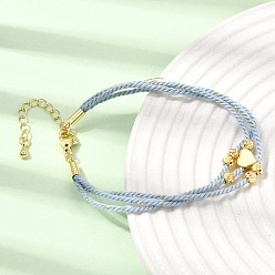 Light Sky Blue Polyester Multi-Strand Bracelets, Brass Heart Bead Bracelets with 202 Stainless Steel Lobster Claw Clasps, Golden, Light Sky Blue, 7.09 inch(18cm)