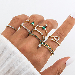 Золотой 8шт. наборы колец из сплава со стразами, штабелируемые кольца, сердце/слеза, золотые, внутренний диаметр: 15~18 мм