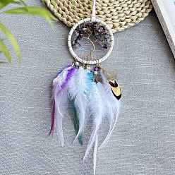 Флюорит Плетеная сетка/паутина с подвесками из перьев, с плоским круглым с деревом жизни натуральный флюорит чипсы для подвесных украшений салона автомобиля, 400 мм