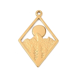 Настоящее золото 18K 304 подвески из нержавеющей стали, ионное покрытие (ip), ромб с солнечным и горным очарованием, реальный 18 k позолоченный, 38x25x1.5 мм, отверстие : 2 мм