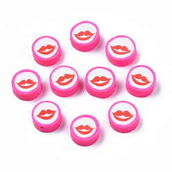 Hot Pink Handmade Polymer Clay Beads, Flat Round with Mouth, Hot Pink, 9.5~10x4~4.5mm, Hole: 1.6mm