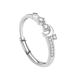 Платина 999 Кольца из стерлингового серебра с прозрачными кубическими циркониями, Луна и звезды, платина, внутренний диаметр: регулируемый