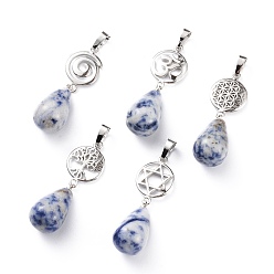 (306FM) Жонкиль матовый с лаймовой подкладкой Чакра ювелирные изделия йога, натуральные синие пятна яшмы подвески, латунная фурнитура с платиновым покрытием, слеза и голос / символ ом / древо жизни / цветок жизни / звезда давида, 42~45 мм, отверстие : 8x5 мм