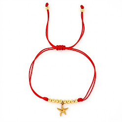 Estrella de mar Pulseras de latón con dijes para la playa de verano, Pulseras de cuentas trenzadas con cordón rojo para mujeres y niñas, dorado, estrella de mar, 11.02 pulgada (28 cm)