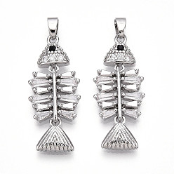 Платина Латунные микро проложить кубического циркония подвески, без кадмия и без свинца, рыбы прелести, платина, 28.5x12x3 мм, отверстие : 5x2.5 мм