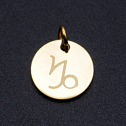 Capricorn 201 Stainless Steel Charms, Twelve Constellations, with Jump Rings, Flat Round, Capricorn, 12x1mm, Hole: 3.5mm