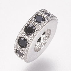 Платина Латунные микро проложить кубического циркония шарик прокладки, плоско-круглые, чёрные, платина, 6x2 мм, отверстие : 2.5 мм