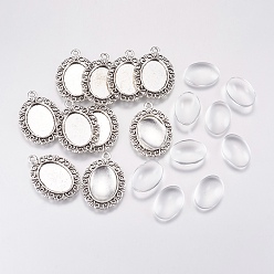 Античное Серебро Поделки кулон решений, с тибетским стилем сплава подвески кабошон настройки и прозрачные стеклянные кабошоны, овальные, античное серебро, Кулон : 29.5x21x2 мм, отверстие: 2 мм, кабошон: 13x18x4 мм, 2 шт / комплект