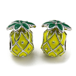 Gelb Messing Emaille europäischen Perlen, Großloch perlen, Bleifrei und cadmium frei, langlebig überzogen, Platin Farbe, Ananas, Gelb, 11.5x9.5~10x8 mm, Bohrung: 4.2x4.4 mm