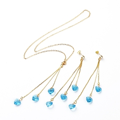 Deep Sky Blue Stud Earrings & Pendant Necklaces Sets, with Heart Glass Charms, Brass Chain Chandelier Components Links & Cable Chains & Stud Earring Findings & Ear Nuts, with Cardboard Box, Deep Sky Blue, 470mm