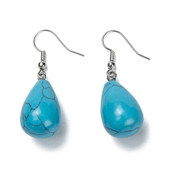 Синтетическая Бирюза Болтаться серьги синтетические бирюзовые, с  латунными крючками для серег, капля, платина, 43x13~15 мм, штифты : 0.5 мм