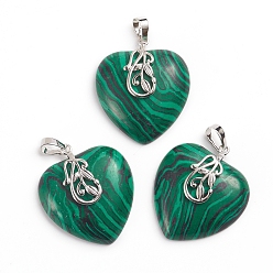 Malachite Synthetic Malachite Pendants, with Platinum Tone Brass Ice Pick Pinch Bails, Heart, 35~36x30~31x9mm, Hole: 7~8x5mm