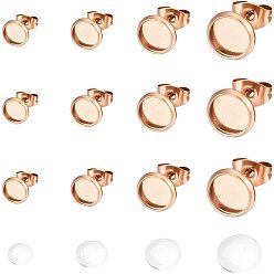 Rose Gold DIY Stud Earring Making Kits, with 304 Stainless Steel Stud Earrings Findings and Transparent Glass Cabochons, Rose Gold, 8mm/10mm/12mm/14mm, Pin: 0.9mm, 24pcs/set