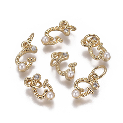 Letter G Латунь прелести, с фианитами и оболочки жемчужиной шарик, буквы, золотые, прозрачные, letter.g, 9.5~11x3.5~10.8x3~3.5 мм, отверстие : 3.5 мм