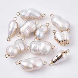 Seashell Color atural Cultured Freshwater Pearl Links connectors, with Brass Loop, Edge Plated, Calabash, Golden, Seashell Color, 23~31x9~15x8.5~14mm, Hole: 1.8mm