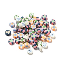 Mixed Color Handmade Polymer Clay Beads, Flat Round with Heart & Animal Pattern, Mixed Color, 8.5~9.5x4~5mm, Hole: 1.6~1.8mm