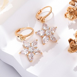 Золотой Серьги с застежкой-защелкой из латуни с прозрачным фианитом и прозрачным фианитом, долговечный, стойки покрытие, без свинца и без кадмия, звезда, золотые, 30x15.5 мм