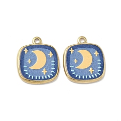 Настоящее золото 18K 304 нержавеющей стальной эмали подвески, квадрат с подвесками в виде луны, ионное покрытие (ip), реальный 18 k позолоченный, 21.5x18.5x2.5 мм, отверстие : 1.8 мм