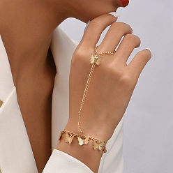 Golden Iron Butterfly Ring Bracelet, Charm Bracelet with Curb Chains Finger Ring, Golden, 7-3/8 inch(18.7cm), Inner Diameter: 26mm