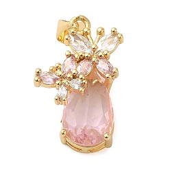 Pink Стойка металлическая латунная микропрофилированная кубическая циркония подвески, без кадмия и без свинца, долговечный, реальный 18 k позолоченный, слеза, розовые, 20.5x15x8 мм, отверстие : 5x3.5 мм
