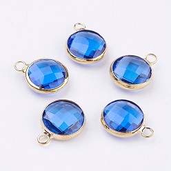 Королевский синий Золотой латуни стеклянные тон плоские круглые прелести, граненые, королевский синий, 12x8.5x3 мм, отверстие : 1.5 мм