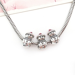 Снеговик Европейские бусины из сплава эмали рождественской тематики, большое отверстие шарик, античное серебро, снеговик, 13x7x7.5 мм, отверстие : 4.5x4 мм