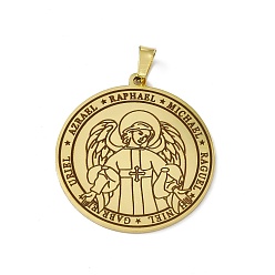 Золотой 304 подвески из нержавеющей стали, плоский круглый с ангельским шармом, золотые, 38x35x1.5 мм, отверстие : 7.5x4 мм
