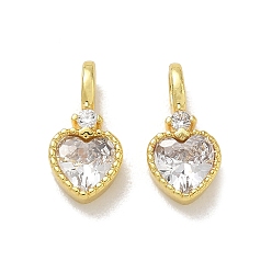 Golden Brass Pave Clear Cubic Zirconia Charms, Heart Charms, Rack Plating, Long-Lasting Plated, Cadmium Free & Lead Free, Golden, 14.5x7.5x3.3mm, Hole: 2.3x3mm