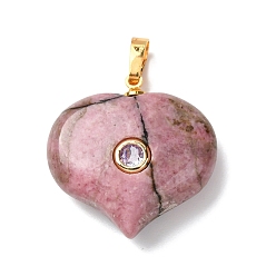 Родонит Природные подвески родонит, подвески в форме сердца с латунной микрофиброй и фианитами, золотые, 25.5x25x9 мм, отверстие : 6.5x4 мм