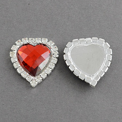 Red Shining Flat Back Faceted Heart Acrylic Rhinestone Cabochons, with Grade A Crystal Rhinestones and Brass Cabochon Settings, Red, 22x22x5mm