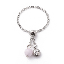 Kunzit Einstellbare Fingerringe aus 304 Edelstahl, Schieberegler Ringe, mit natürlichen Kunzitperlen und Strass, Edelstahl Farbe, 96 mm