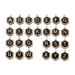 Шестиугольник Подвески из сплава черной эмали, золотые, буква a~z и сердечко, шестиугольник, 20x15.5x2.5 мм, отверстие : 1.5 мм, 26 шт / комплект