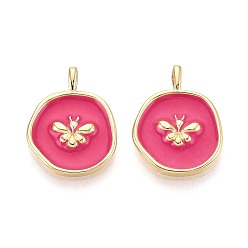 Темно-Розовый Подвески из латуни и эмали, самородки с амулетами насекомых, реальный 16 k позолоченный, темно-розовыми, 18x14x3 мм, отверстие : 3x1.6 мм