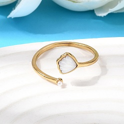 Shell Shape 304 Кольца-манжеты для женщин из нержавеющей стали, натуральной ракушки и искусственного жемчуга, реальный 18 k позолоченный, ионное покрытие (ip), долговечный, кремово-белые, формы раковины, размер США 7 1/2 (17.7 мм)