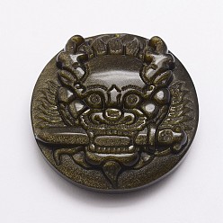 Dark Khaki Feng Shui Natural Golden Sheen Obsidian Carven Pendants, Pixiu, Dark Khaki, 45.5x14mm, Hole: 2mm