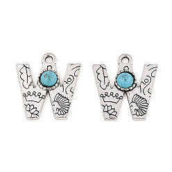 Letter W Подвески из синтетической бирюзы и сплавов, письмо амулеты, античное серебро, Буква W, 25x23x5 мм, отверстие : 3 мм