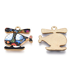 Black Printed Alloy Pendants, Cadmium Free & Nickel Free & Lead Free, Light Gold, Helicopter Charm, Black, 17.5x18.5x2mm, Hole: 1.8mm