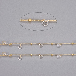 Real 18K Gold Plated Brass Ball Curb Chains, with Cubic Zirconia and Spool, Long-Lasting Plated, Soldered, Clear, Real 18K Gold Plated, 1.5x0.9x0.2mm, about 32.8 Feet(10m)/roll